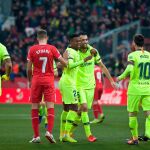 El defensa portugués del Barcelona Nélson Semedo celebra el primer gol de su equipo ante el Girona / Foto: Efe