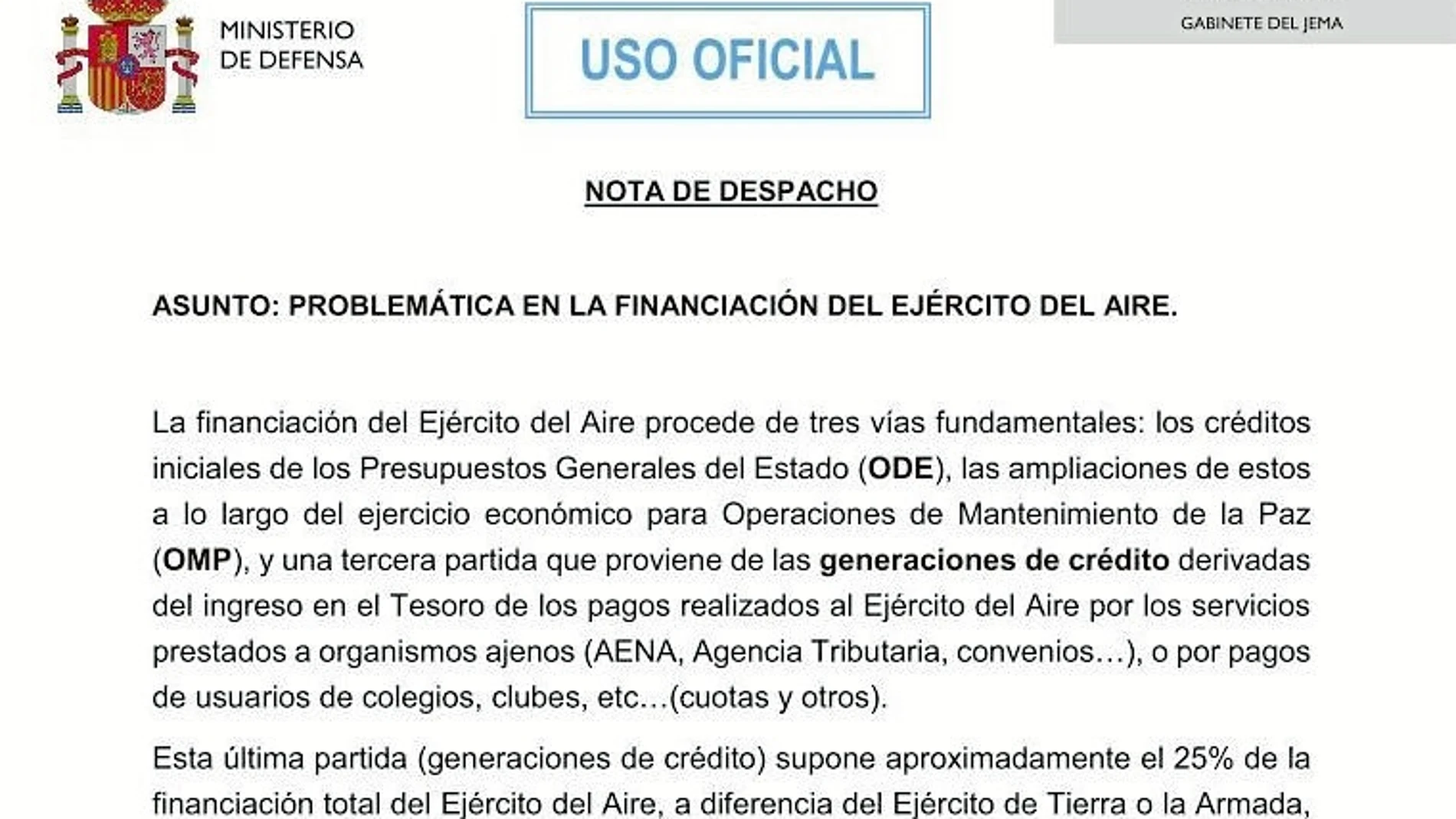 En apenas una página y media, el Gabinete del JEMA explica la «problemática en la financiación del Ejército del Aire» y recalca que la partida correspondiente a generaciones de crédito es un cuarto de sus fondos totales