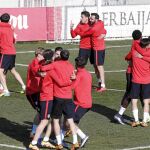 El Atlético, en el entrenamiento de ayer