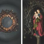 A la izquierda, la creación de Andrea Dopico, «Árbol seco», elaborado sobre la base de un bizcocho «moelleux», mientras que a la derecha está el lienzo «La Virgen del árbol seco» (detalle), obra de Petrus Christus