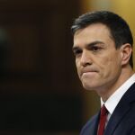 El secretario general del PSOE, Pedro Sánchez, durante su intervención en la primera jornada de la sesión de su investidura, esta tarde en el Congreso de los Diputados.