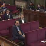 Santi Vila, Meritxell Borrás, Carles Mundó, Jordi Cuixart, Josep Rull y Jordi Turull, durante la sesión de este martes del juicio del "procés". EFE/Tribunal Supremo