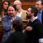 El líder de Podemos, Pablo Iglesias, hoy en el Congreso donde se celebra el acto solemne conmemorativo del 40 aniversario de la Constitución