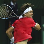 El tenista español David Ferrer devuelve la bola al indio Saketh Myneni durante el partido de la Copa Davis entre India y España