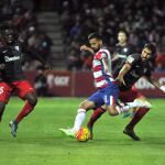 El centrocampista del Granada Javi Márquez pelea un balón con los jugadores del Athletic Raúl García e Iñaki Williams durante el partido