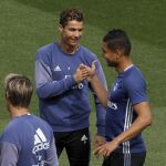 Cristiano Ronaldo, en el entrenamiento de ayer del Madrid
