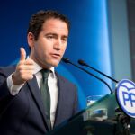 El secretario general del PP, Teodoro García Egea, durante la rueda de prensa posterior a la reunión de del Comité de Dirección celebrada hoy en la sede de la calle Génova. EFE/Luca Piergiovanni