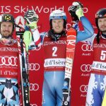 Marcel Hirscher, Henrik Kristoffersen y Alexander Khoroshilov en el podio de Val d’Isere