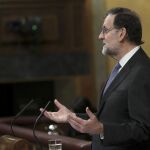 El presidente del Gobierno, Mariano Rajoy, durante su intervención ante el pleno del Congreso donde expone las conclusiones del último Consejo Europeo
