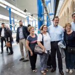 Rajoy, a la derecha con Albiol y Sánchez, con Borrel, a la izquierda en la estación de Lérida