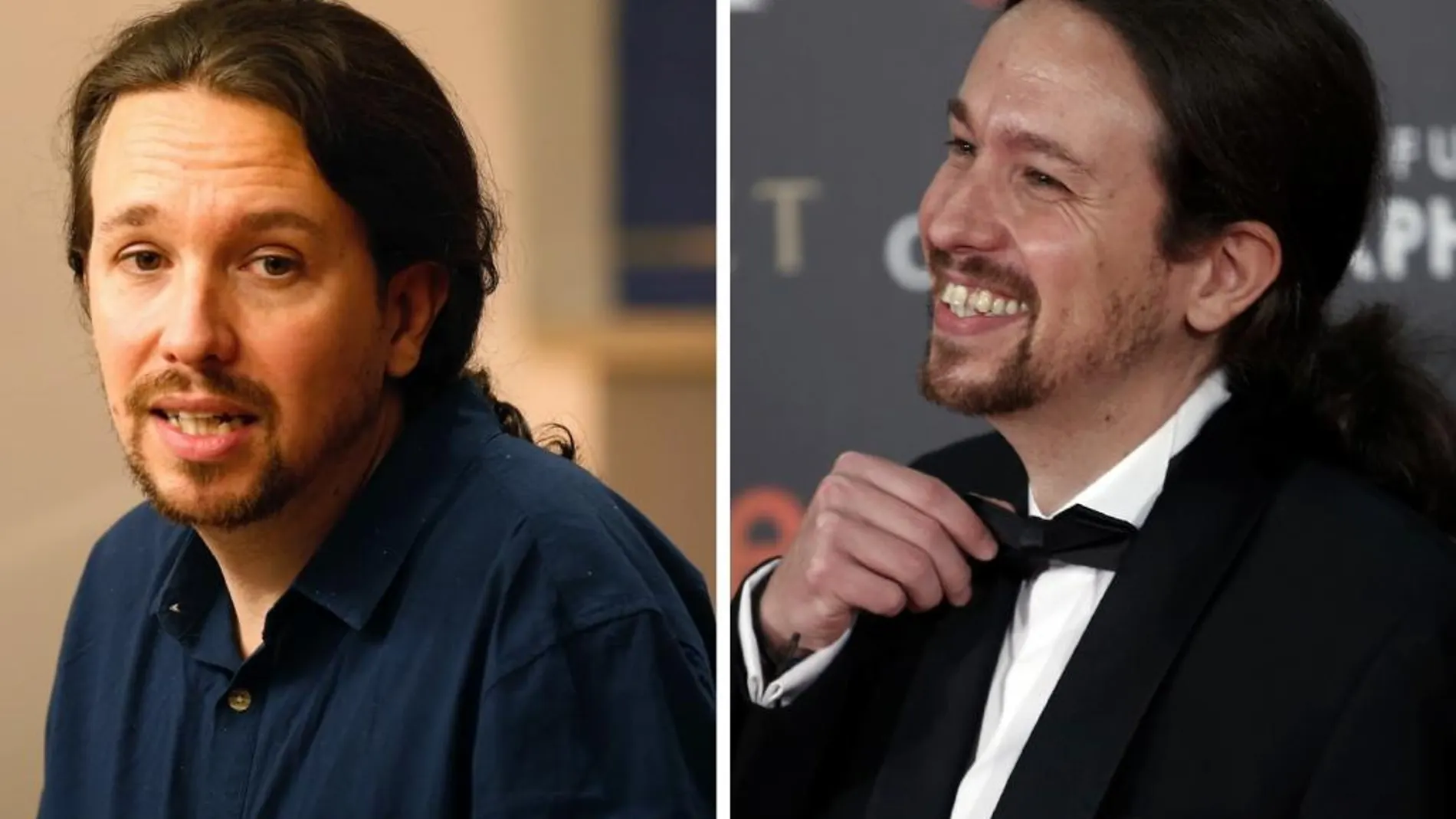 Pablo Iglesias, a la izquierda, tal y como ha ido a Zarzuela; a la derecha, en la gala de los Premios Goya