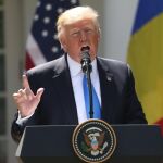 Donald Trump durante su comparecencia tras la reunión con el presidente de Rumanía, Klaus Iohannis