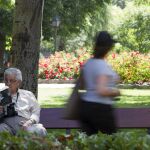 Un hombre concentrado en su libro en un parque de Madrid