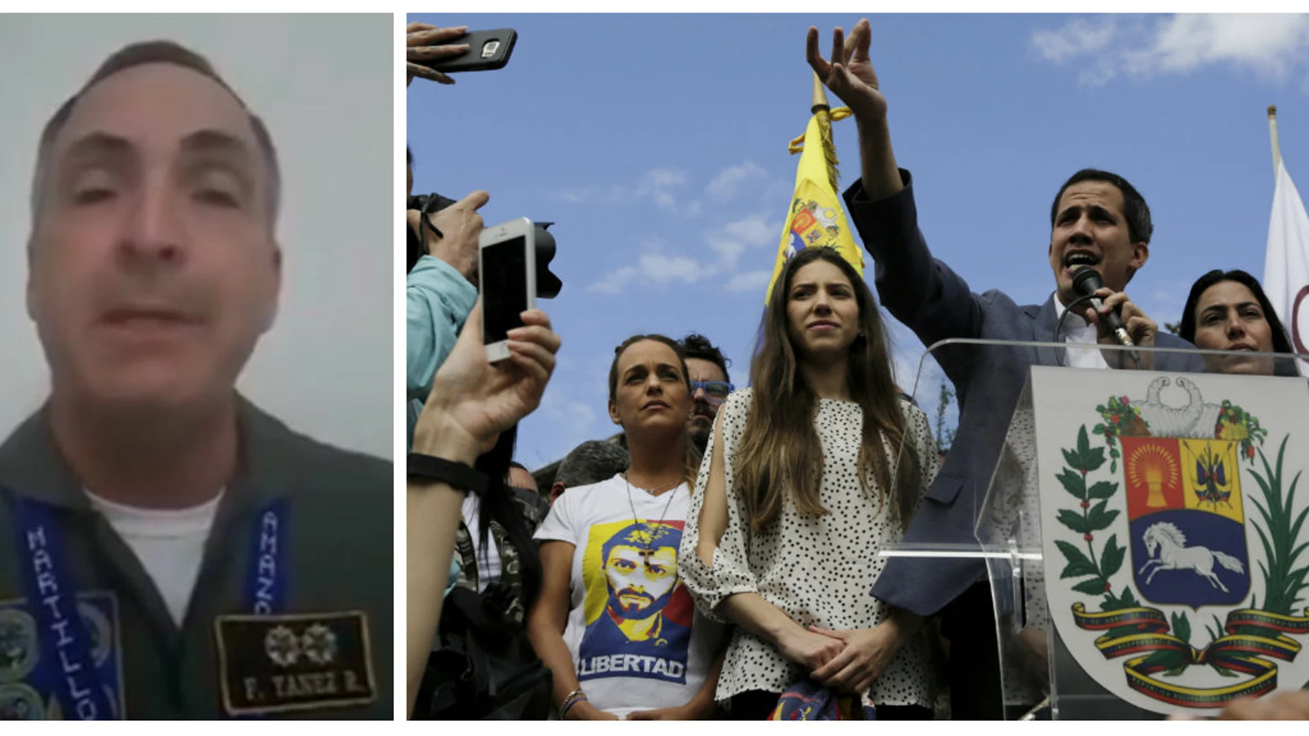 El general de división venezolano Francisco Estéban Yánez Rodríguez, a la izquierda, junto a un acto de Juan Guaidó.