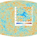 El mapa del universo y del fondo de microondas (CMB) obtenido por el satélite Planck. El rojo representa regiones ligeramente más cálidas y el azul, las regiones ligeramente más frías. El punto frío (CMB Cold Spot) se muestra en la inserción y la diferencia de temperatura en la cuadro interior