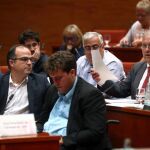 Santi Rodríguez (d) del PPC, ante la mirada de Josep Rull (i) y Jordi Turull (2º i), pregunta al presidente de la Generalitat, Artur Mas.