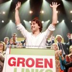 Jesse Klaver, líder de GroenLinks (Los Verdes), celebra los buenos resultados de anoche