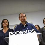 Iglesias, durante la rueda de prensa que ha ofrecido en la sede de la formación en Madrid
