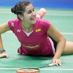 Marín celebra uno de los puntos que ganó a Okuhara