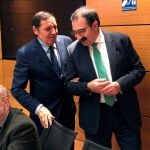 El consejero de Sanidad de la Junta, Antonio María Sáez Aguado, saluda al de Castilla - La Mancha, Jesús Fernández, en el pleno del Consejo Territorial del Sistema Nacional de Salud