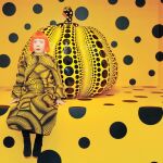 La artista japonesa Yayoi Kusama posa junto a una de sus instalaciones. Las calabazas y los círculos son parte de su seña de identidad