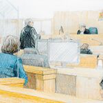 Dibujo de la comparecencia de la vicepresidenta de Huawei, Sabrina Meng Wanzhou, en una corte de Canadá, donde fue detenida