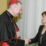 El secretario de Estado de la Santa Sede, Pietro Parolin, y Carmen Calvo, durante su reunión el lunes en el Vaticano
