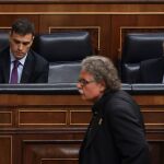 El portavoz de ERC, Joan Tardà, pasa ante el jefe del Ejecutivo, Pedro Sánchez y el ministro de Exteriores, Josep Borrell, durante el pleno del Congreso. Foto: Efe