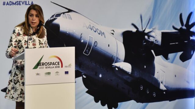 La presidenta de la Junta de Andalucía, Susana Díaz, durante la inauguración de la IV edición de la Aerospace &amp; Defence Meetings-ADM 2018, en Sevilla