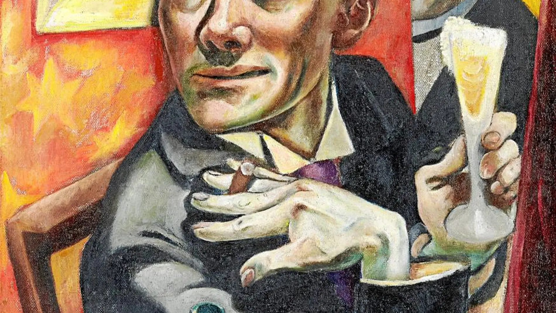 La obra «Autorretrato con copa de champán» (1919) es una de las piezas presentes en la exposición «Beckmann. Figuras del exilio»