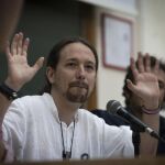 Pablo Iglesias, durante su participación en la Facultad de Ciencias, en la Universidad de Verano del Instituto 25-M hoy en Cádiz.