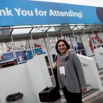 La alcaldesa de Barcelona, Ada Colau, poco antes de atender a los medios de comunicación en la puerta del Mobile World Congress (MWC)