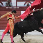 El novillero Luis David Adame da un pase con la muleta a uno de los de su lote, durante la novillada de la Feria de Begoña