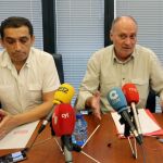 Los secretarios autonómicos de UGT y CCOO, Faustino Temprano y Vicente Andrés, ofrecen una rueda de prensa tras iniciar las negociaciones con Cecale para aplicar el AENC a la Comunidad