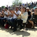 El líder de En Comú Podem, Xavier Domenech, junto a la alcaldesa de Barcelona, Ada Colau, durante el acto de conmemoración del 40 aniversario de la primera manifestación