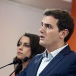 Albert Rivera durante la rueda de prensa ofrecida esta tarde en Barcelona