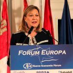 La candidata a la Alcaldía de Valladolid y actual consejera de Economía y Hacienda, Pilar del Olmo, durante su intervención en el Fórum Nueva Economía de Madrid