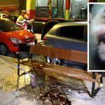 Los servicios de limpieza quitan la sangre del lugar del suceso. En la esquina superior derecha, la imagen de Nacho «El Raciones»
