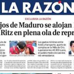 Portada de LA RAZÓN con la exclusiva del viaje a Madrid de los hijastros de Maduro