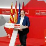 El primer secretario del PSC, Miquel Iceta, ayer durante su intervención en la sede los socialistas catalanes