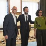 El presidente del Parlament, Roger Torrent junto a Marta Rovira y Raül Romeva al inicio de la reunión