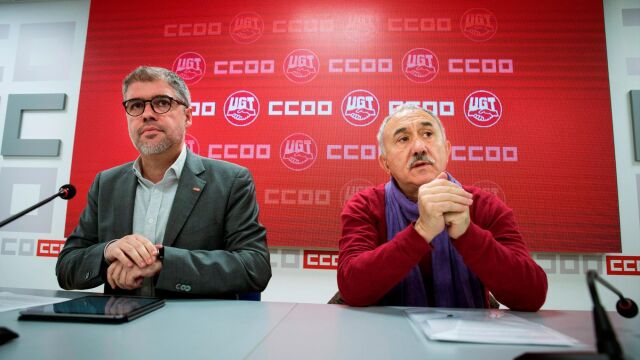 Los líderes de CCOO y UGT, Unai Sordo y Pepe Álvarez, durante la reunión de hoy en Madrid/Foto: Efe