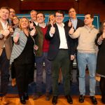 El presidente del Partido Popular, Pablo Casado, y el candidato a la Presidencia de la Junta de Castilla y León, Alfonso Fernández Mañueco, junto a los candidatos a las alcaldías