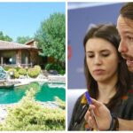 Pablo Iglesias e Irene Montero, junto a una imagen del chalet de Galapagar.
