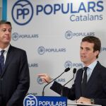 El presidente del PP, Pablo Casado, y el del PPC, Xavier García Albiol, durante la rueda de prensa previa a la reunión del comité de dirección del PP/Foto: Efe