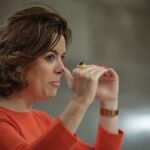 La vicepresidenta del Gobierno en funciones, Soraya Sáenz de Santamaría, durante la rueda de prensa posterior a la reunión del Consejo de Ministros