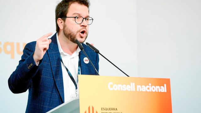 El vicepresidente del Govern y hombre fuerte de ERC, Pere Aragonès, ayer durante su intervención en el Consell Nacional