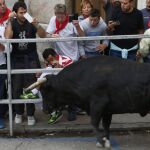 Uno de los animales de la ganadería Arcadio Albarrán embiste contra una de las talanqueras durante el recorrido urbano