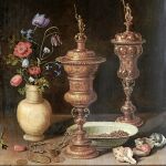 «Bodegón con flores, copas doradas, monedas y conchas» (1612)