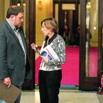 Junqueras –que ayer fue presidente en funciones por el viaje a París de Puigdemont– y Forcadell, ayer, en el Parlament.